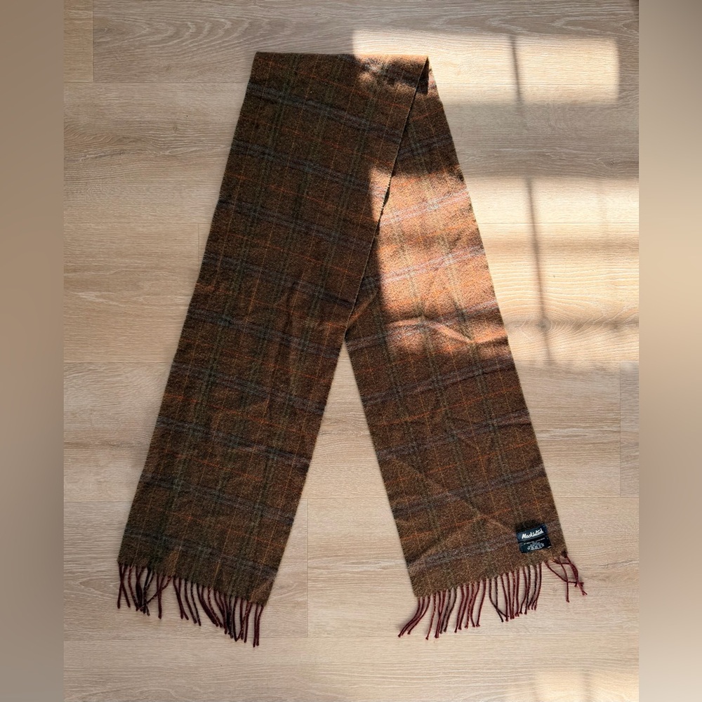 Vintage Scottish Wool Cashmere Herringbone Check Scarf Brown MacIntosh Scotland